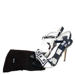 Pre Owned Dolce & Gabbana Navy Blue/White Patent Leather Keira Ankle Tie Open Toe Sandals Size 38