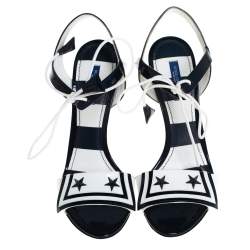 Pre Owned Dolce & Gabbana Navy Blue/White Patent Leather Keira Ankle Tie Open Toe Sandals Size 38