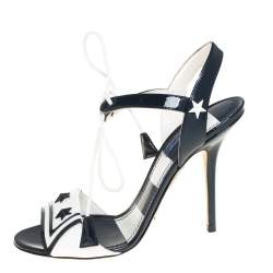 Pre Owned Dolce & Gabbana Navy Blue/White Patent Leather Keira Ankle Tie Open Toe Sandals Size 38