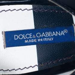 Pre Owned Dolce & Gabbana Navy Blue/White Patent Leather Keira Ankle Tie Open Toe Sandals Size 38