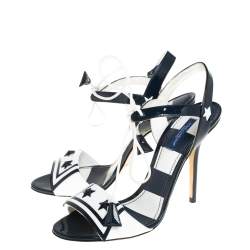 Pre Owned Dolce & Gabbana Navy Blue/White Patent Leather Keira Ankle Tie Open Toe Sandals Size 38