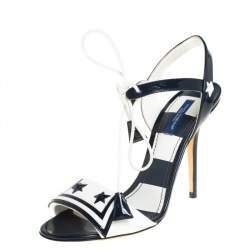 Pre Owned Dolce & Gabbana Navy Blue/White Patent Leather Keira Ankle Tie Open Toe Sandals Size 38