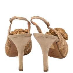 Pre Owned Dolce & Gabbana Tan And Beige Leather And Raffia Flower Slingback Pumps Size 37