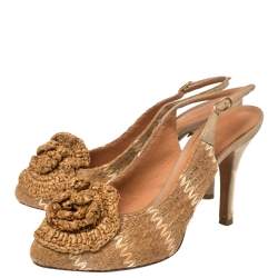 Pre Owned Dolce & Gabbana Tan And Beige Leather And Raffia Flower Slingback Pumps Size 37