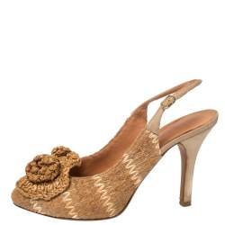 Pre Owned Dolce & Gabbana Tan And Beige Leather And Raffia Flower Slingback Pumps Size 37