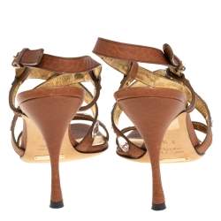 Pre Owned Dolce & Gabbana Brown Leather Crystal Embellished Sandals Size 38.5