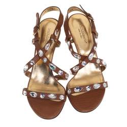 Pre Owned Dolce & Gabbana Brown Leather Crystal Embellished Sandals Size 38.5