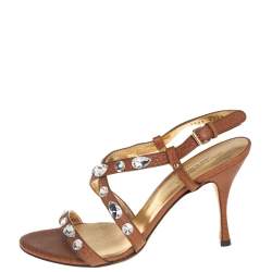Pre Owned Dolce & Gabbana Brown Leather Crystal Embellished Sandals Size 38.5