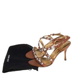 Pre Owned Dolce & Gabbana Brown Leather Crystal Embellished Sandals Size 38.5