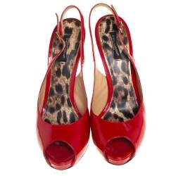 Pre Owned Dolce & Gabbana Red Patent Leather Peep Toe Slingback Sandals Size 39