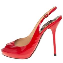 Pre Owned Dolce & Gabbana Red Patent Leather Peep Toe Slingback Sandals Size 39