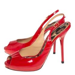 Pre Owned Dolce & Gabbana Red Patent Leather Peep Toe Slingback Sandals Size 39