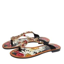 مملوكة مسبقًا Dolce & Gabbana Multicolor Patent Leather Crystal Embellished Thong Slides Size 37