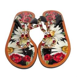 مملوكة مسبقًا Dolce & Gabbana Multicolor Patent Leather Crystal Embellished Thong Slides Size 37