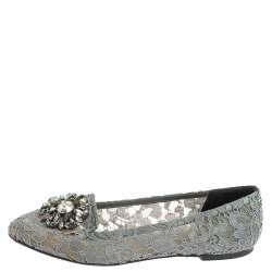 Pre Owned Dolce & Gabbana Grey Lace Crystal Embellished Taormina Ballet Flats Size 39.5