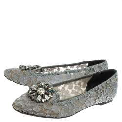 Pre Owned Dolce & Gabbana Grey Lace Crystal Embellished Taormina Ballet Flats Size 39.5