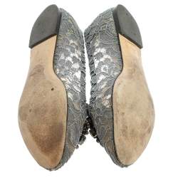 Pre Owned Dolce & Gabbana Grey Lace Crystal Embellished Taormina Ballet Flats Size 39.5