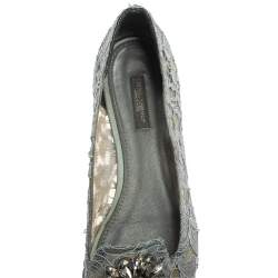 Pre Owned Dolce & Gabbana Grey Lace Crystal Embellished Taormina Ballet Flats Size 39.5