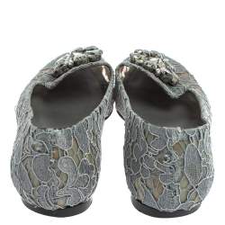 Pre Owned Dolce & Gabbana Grey Lace Crystal Embellished Taormina Ballet Flats Size 39.5