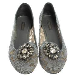 Pre Owned Dolce & Gabbana Grey Lace Crystal Embellished Taormina Ballet Flats Size 39.5