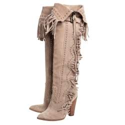 Pre Owned حذاء بوت دولتشي أند غابانا مرتف للركبة شراشيب سويدي بيج مقاس 37