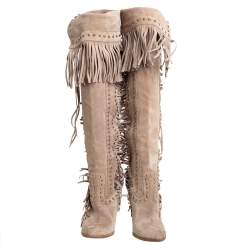 Pre Owned حذاء بوت دولتشي أند غابانا مرتف للركبة شراشيب سويدي بيج مقاس 37