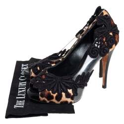 Pre Owned Dolce & Gabbana Black/Brown Calf Hair And PVC Leopard Print  Floral Embroidered Peep Toe Pumps Size 37.5