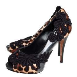 Pre Owned Dolce & Gabbana Black/Brown Calf Hair And PVC Leopard Print  Floral Embroidered Peep Toe Pumps Size 37.5