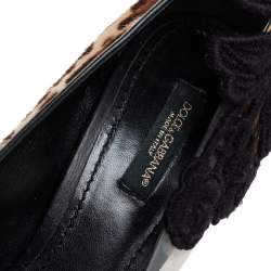 Pre Owned Dolce & Gabbana Black/Brown Calf Hair And PVC Leopard Print  Floral Embroidered Peep Toe Pumps Size 37.5