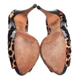 Pre Owned Dolce & Gabbana Black/Brown Calf Hair And PVC Leopard Print  Floral Embroidered Peep Toe Pumps Size 37.5