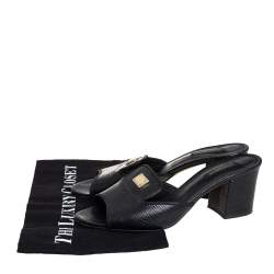 Pre Owned Dolce & Gabbana Black Lizard Embossed Leather Block Heel Slide Sandals Size 38.5