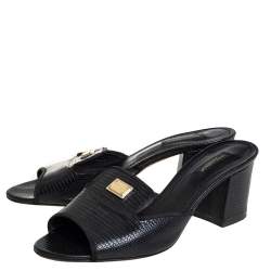 Pre Owned Dolce & Gabbana Black Lizard Embossed Leather Block Heel Slide Sandals Size 38.5
