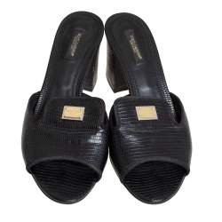 Pre Owned Dolce & Gabbana Black Lizard Embossed Leather Block Heel Slide Sandals Size 38.5