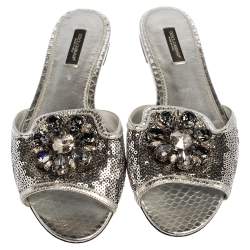 Dolce & Gabbana Silver Sequins Patent Leather Crystal Embellished Slides Sandals Size 38
