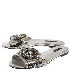 Dolce & Gabbana Silver Sequins Patent Leather Crystal Embellished Slides Sandals Size 38