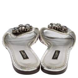Dolce & Gabbana Silver Sequins Patent Leather Crystal Embellished Slides Sandals Size 38
