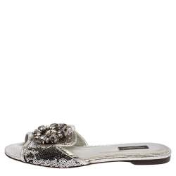 Dolce & Gabbana Silver Sequins Patent Leather Crystal Embellished Slides Sandals Size 38