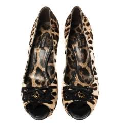 Dolce and Gabbana Leopard Print Pony Hair Peep Toe Platform Pumps Size 39.5