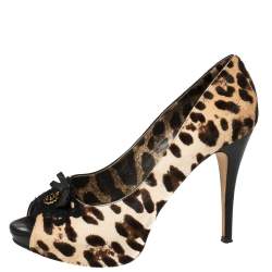 Dolce and Gabbana Leopard Print Pony Hair Peep Toe Platform Pumps Size 39.5