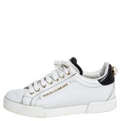 Pre Owned Dolce & Gabbana White/Black Leather Portofino Pearl Embellished Low Top Sneakers Size 37