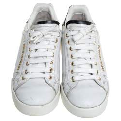Pre Owned Dolce & Gabbana White/Black Leather Portofino Pearl Embellished Low Top Sneakers Size 37