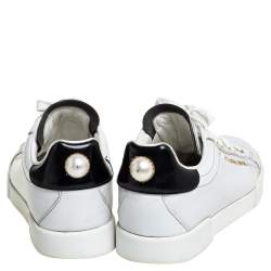 Pre Owned Dolce & Gabbana White/Black Leather Portofino Pearl Embellished Low Top Sneakers Size 37
