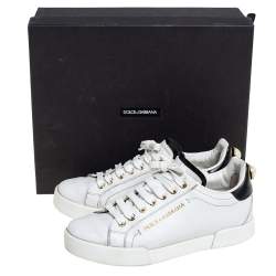 Pre Owned Dolce & Gabbana White/Black Leather Portofino Pearl Embellished Low Top Sneakers Size 37