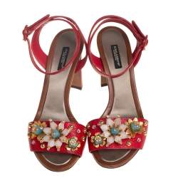 Pre Owned صندل دولتشي أند غابانا جلد نقشة السحلية أحمر بسير كاحل مزخرف مقاس 38.5 