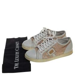 Dolce &Gabbana White/Brown Leather Sequin Embellished Sneakers Size 34