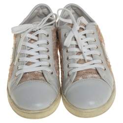 Dolce &Gabbana White/Brown Leather Sequin Embellished Sneakers Size 34