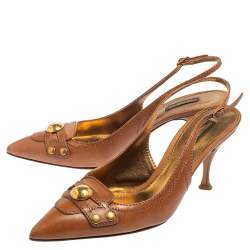 Pre Owned Dolce & Gabbana Brown Leather Logo Pointed Toe Slingback Pumps Size 39.5