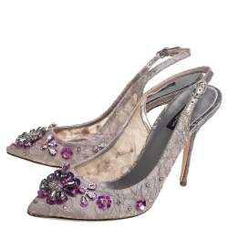Pre Owned Dolce & Gabbana Grey Lace Crystal Embellishment Slingback Sandals Size 40.5