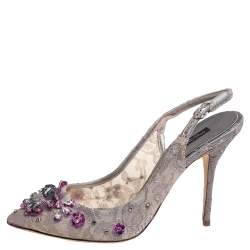 Pre Owned Dolce & Gabbana Grey Lace Crystal Embellishment Slingback Sandals Size 40.5