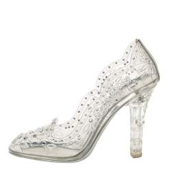 Pre Owned Dolce & Gabbana Silver PVC Cinderella Crystal Embellished Pumps Size 38
